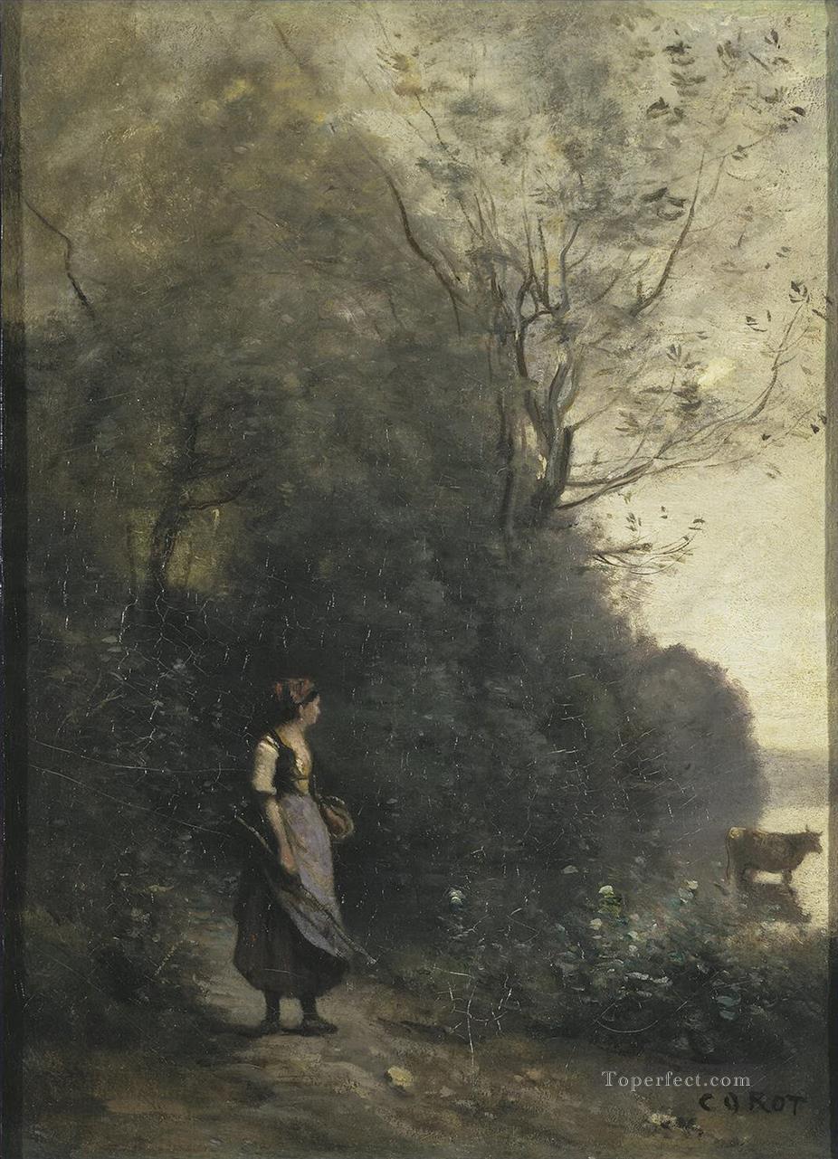 Jean Baptiste Camille Corot l paysanne paissant une vache dans la forêt Peintures à l'huile